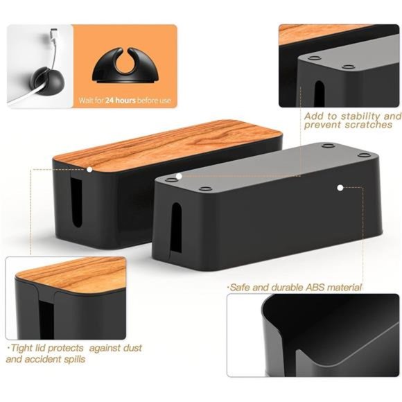Cable Management Box 3 Pack with 16 Cable Clips Set-Large & Medium &Small Wooden - Picture 5 of 7